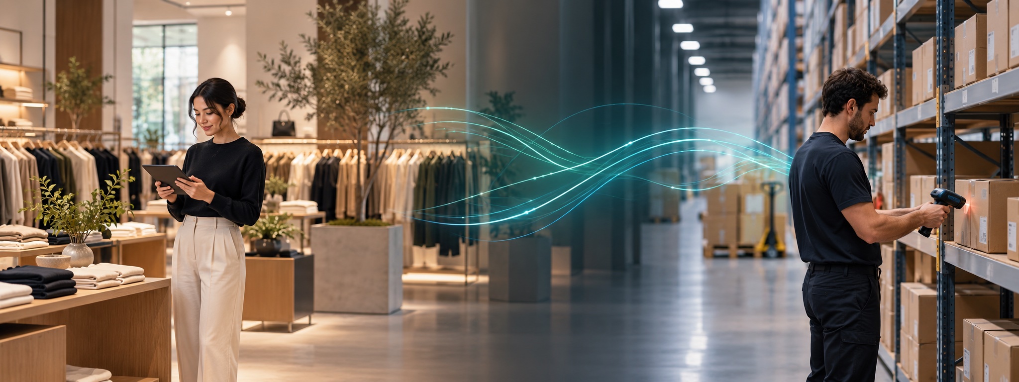 A retailer using a tablet in a clothing store and a warehouse worker scanning inventory, connected by flowing lines of light.