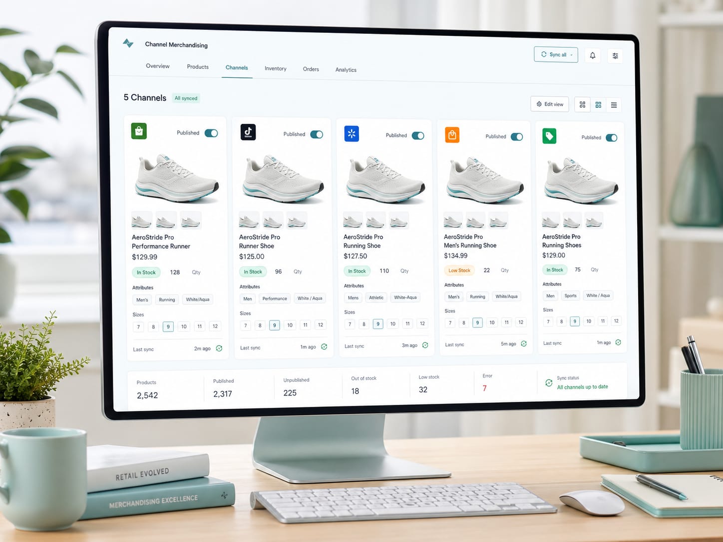 Channel merchandising dashboard showing product cards across multiple ecommerce destinations