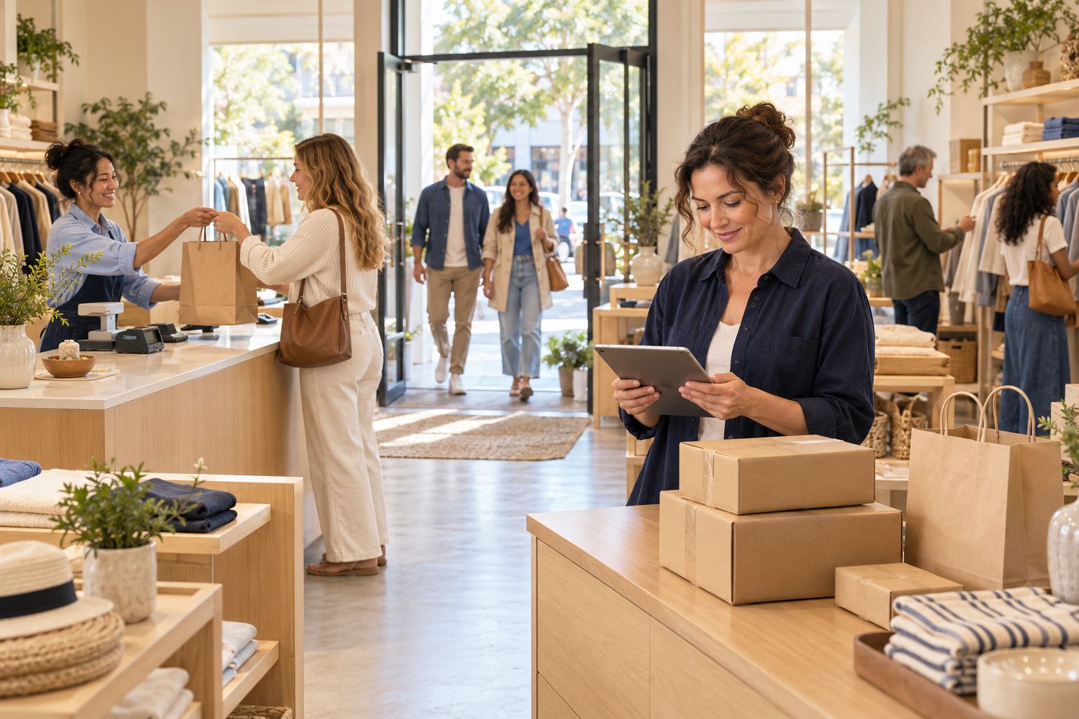 Illustrative boutique scene with a retailer reviewing a tablet beside packed orders while staff help shoppers.