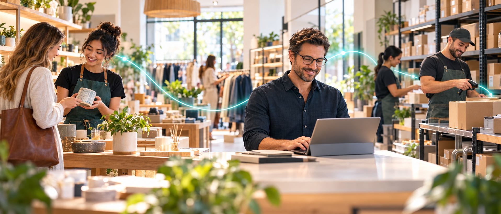 A boutique retailer working on a laptop while store staff assist a customer and warehouse staff scan inventory, connected by flowing lines of light.