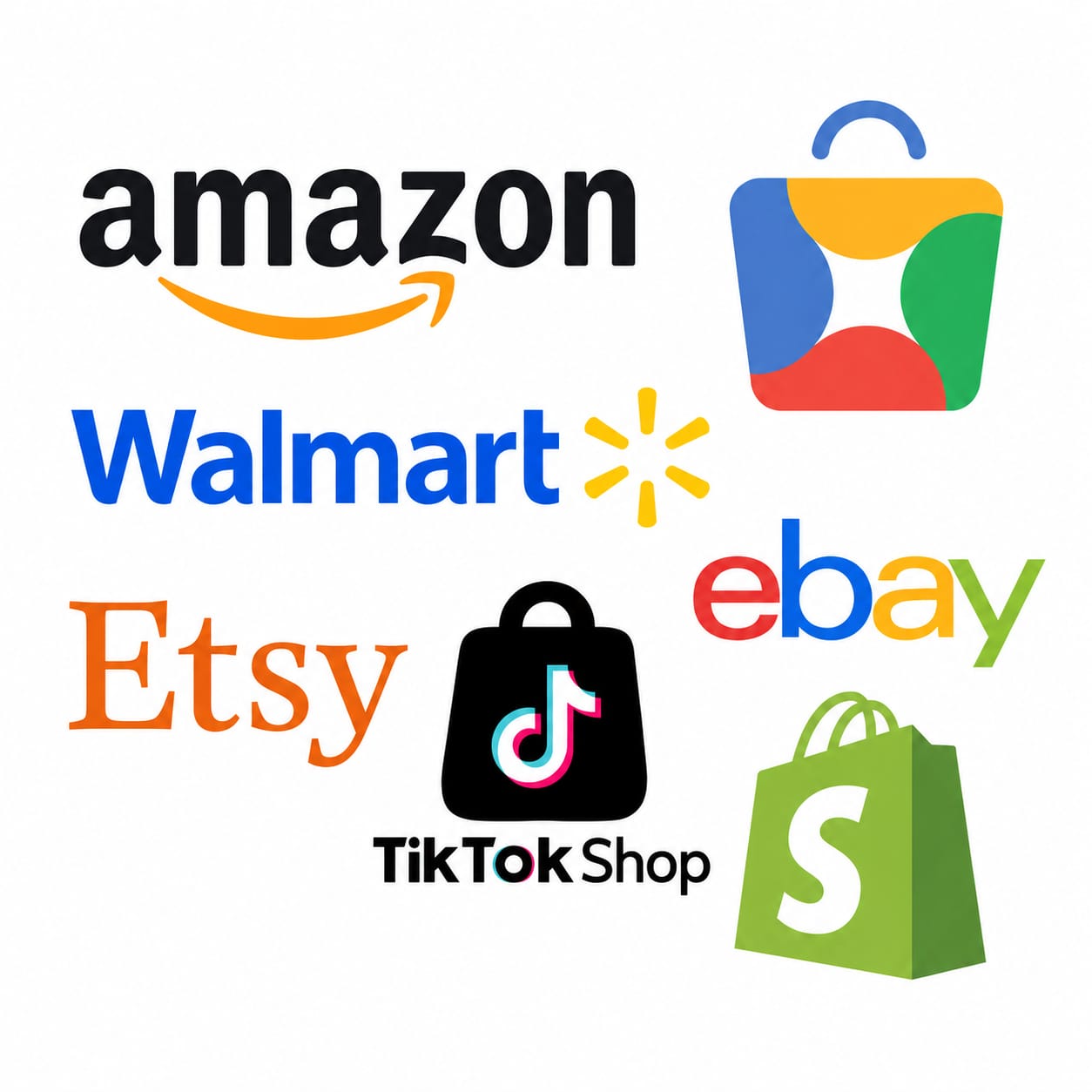 Ecommerce and marketplace channel logos including Shopify, Amazon, Walmart, TikTok Shop, Google Shopping, Etsy, and eBay