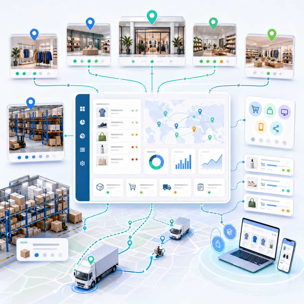 omnichannel retail stores, inventory, and fulfillment nodes connected by Sqquid