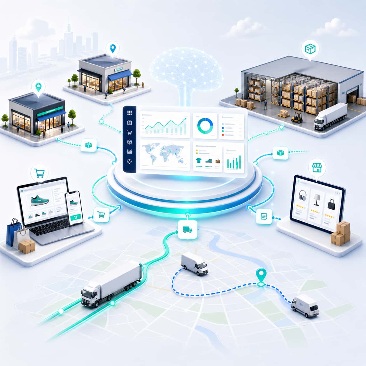 Sqquid retail operations dashboard connecting stores, warehouses, ecommerce, marketplaces, orders, and fulfillment