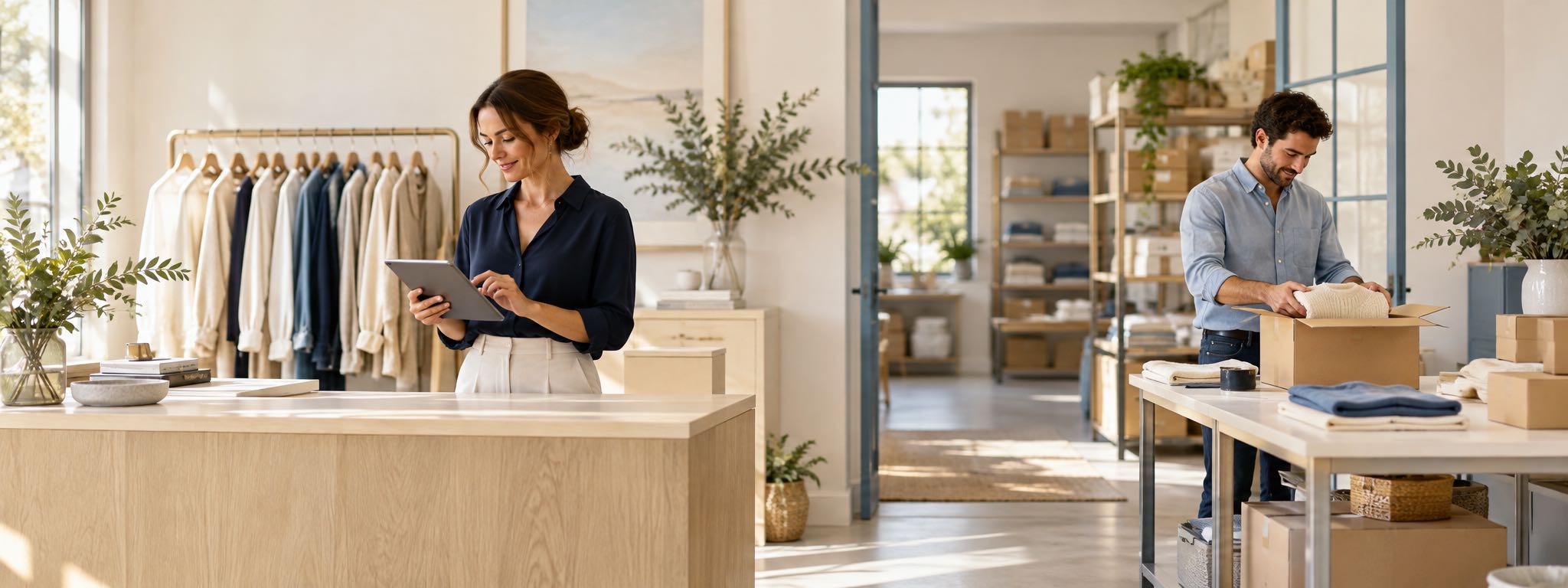 Illustrative scene of a retailer checking a tablet while a colleague prepares an online order in a bright store and fulfillment space.
