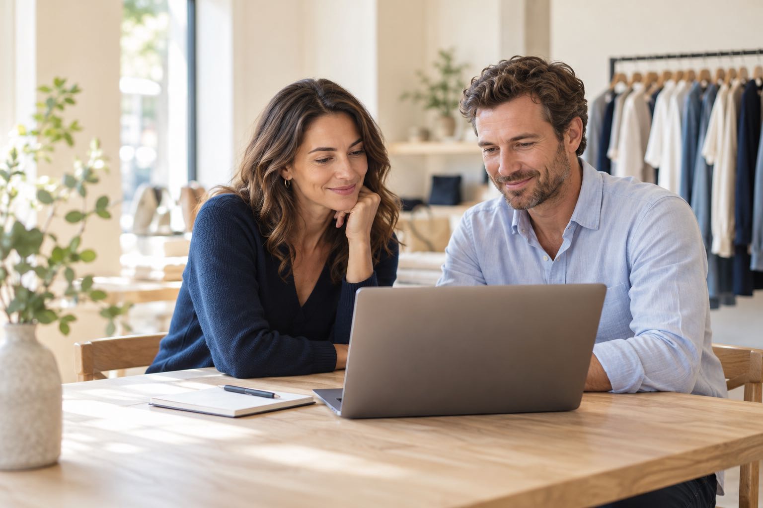 Illustrative scene of two retail professionals reviewing a laptop together in a bright clothing store.